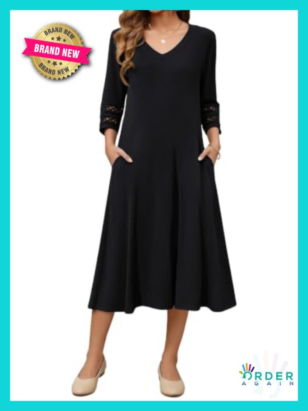 Women's 3/4 Sleeve V-Neck A-Line Eyelet Midi Dress with Pockets